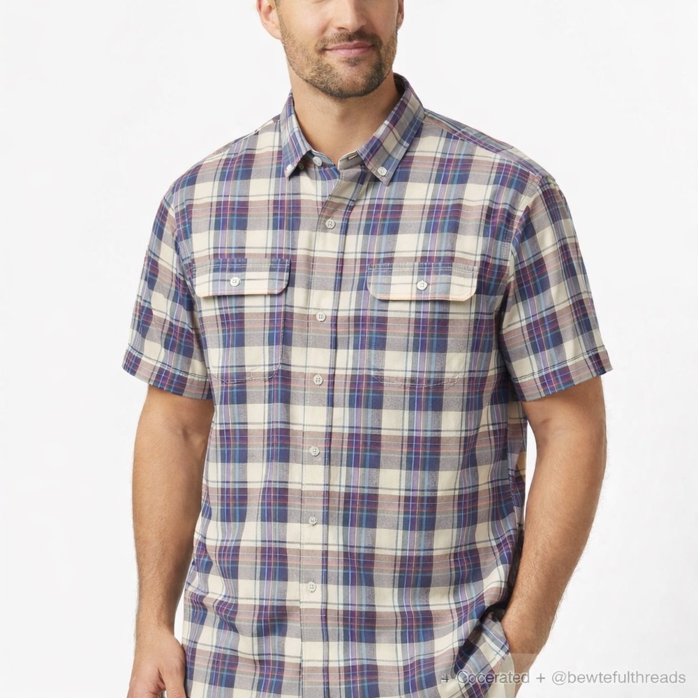 Coastal Resort Plaid Silk Cotton Camp Shirt Relaxed Fit XL Summer